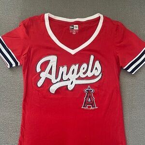 New Era Red Angels Script V-Neck Tee with Navy Trim